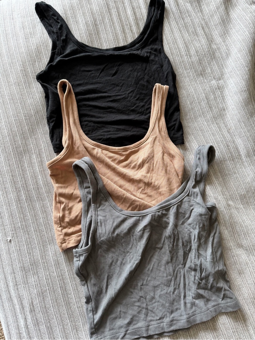 SHEIN Ribbed Crop Tank Top Trio - Black, Beige, Olive